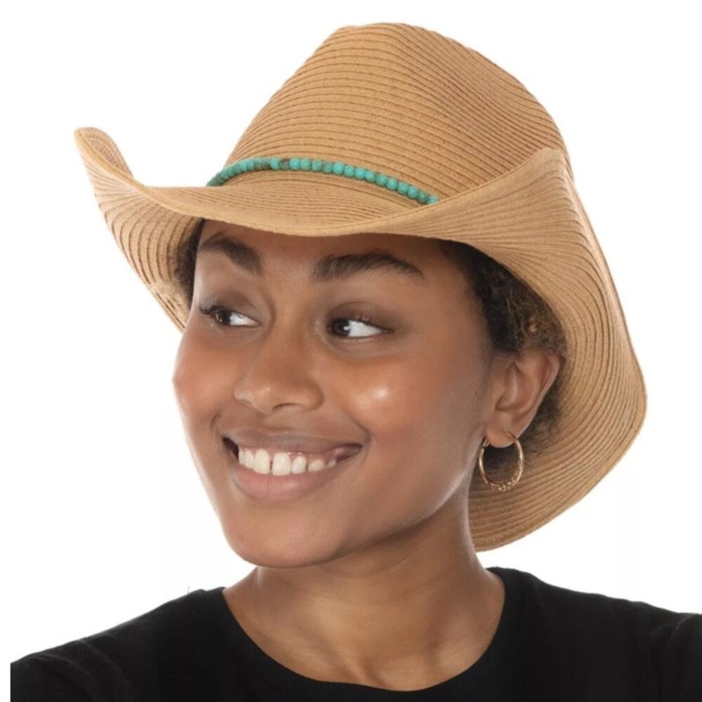 INC International Concepts Natural Bead Trim Straw Cowgirl Hat Sz O/S NWT